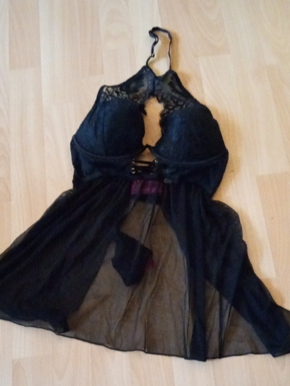 La SENZA Black Lace Halter Sheer Babydoll with Strappy Detail& Pantythong